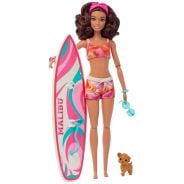 ​Barbie Doll With Surfboard And Pet Puppy, Poseable Brunette Barbie Beach Doll With Themed Accessories Like Towel And Stereo