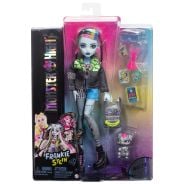 Monster High Frankie Stein Doll in Denim Jacket and Shorts, Includes Pet Dog Watzie and Accessories like a Backpack, Snack and Notebook