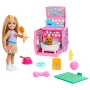 Barbie Chelsea Puppy Carrier Playset, Blonde Small Doll and Accessories, Dog Carrier with Puppy Themed Play Pieces