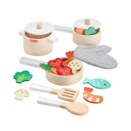 Fisher-Price Wood Kitchen Pretend Play Toy Pots & Pans Set, 19-Piece Playset Wooden, Metal & Fabric for Preschool Kids