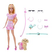 Barbie Twinning Looks Doll with Pet Dog in Matching Pink Gingham Clothes and Accessories for Both like Sunglasses, Necklaces and Bows, Blonde