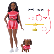 Barbie Twinning Looks Doll with Pet Dog in Matching Red Striped Clothes and Accessories for Both like Sunglasses and Headbands, Wavy Black Hair