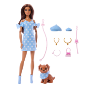 Barbie Twinning Looks Doll with Pet Dog in Matching Blue Polka Dot Clothes and Accessories for Both like Berets and Purses, Brown Hair