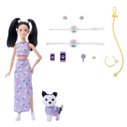 Barbie Twinning Looks Doll with Pet Dog in Matching Purple Daisy Clothes and Accessories for Both like Flowers and Belt Bags, Black Hair
