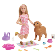 Barbie Doll & Pets Set, Blonde with Mommy Dog, 3 Newborn Puppies with Color-Change Feature & Pet Accessories