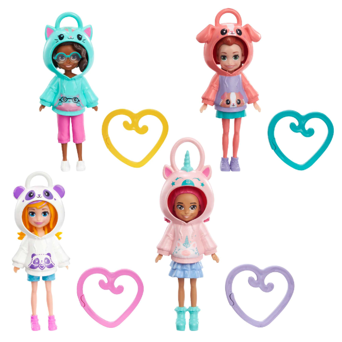 Polly Pocket Friend Clips Shani Doll with Cat Hoodie and Yellow Heart  Shaped Clip, Gift for Kids Ages 4+