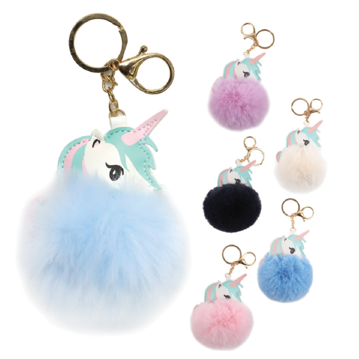 Faux Fur Pompom Unicorn Keychain for Women Bag Key Chains Girl Car