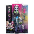 Monster High Frankie Stein Doll in Denim Jacket and Shorts, Includes Pet Dog Watzie and Accessories like a Backpack, Snack and Notebook