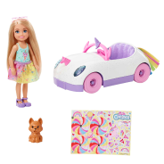 ​Barbie Club Chelsea Doll (Blonde) with Open-Top Rainbow Unicorn-Themed Car, Pet Puppy, Sticker Sheet & Accessories